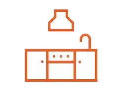 A simple orange line drawing of a kitchen setup by Evangelisto Construction, featuring a stove with four burners, cabinets below, and a range hood above. The range hood is connected by a line representing the exhaust duct, and the cabinets include two doors and a drawer in the middle. Perfect for your next kitchen remodel!