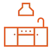 Icon of a kitchen counter with a range hood above. The counter has cabinets and drawers below with a visible stove in the center. The entire design is outlined in orange, reflecting the quality you can expect from Evangelisto Construction for your next kitchen remodel.