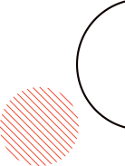 A graphic design featuring two overlapping circles on a black background. The left circle is smaller, filled with diagonal red lines. The right circle is larger, outlined with a thin red line.