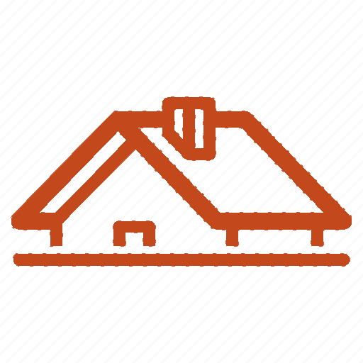 An orange outline icon of a house roof with a chimney on a dark background. The icon includes a slanted roof with a small rectangular window beneath it, subtly nodding to Evangelisto Construction's minimalist, geometric style in home remodels.