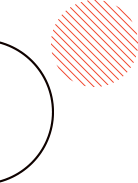 A simple design featuring two shapes on a black background: a large, partially visible, thinly outlined circle on the left, and a smaller, solid circle on the upper right with diagonal red stripes.