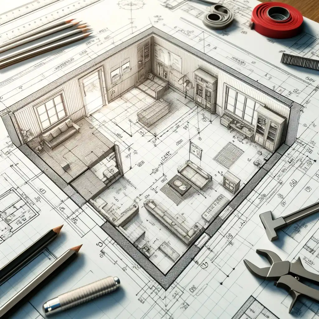 An architectural blueprint is depicted with a detailed 3D rendering of a furnished room in the center. Surrounding the plans are various tools, including pencils, a screwdriver, and measuring tape, alongside rolls of drafting paper and a wrench—essentials for kitchen renovation in Lakeland.