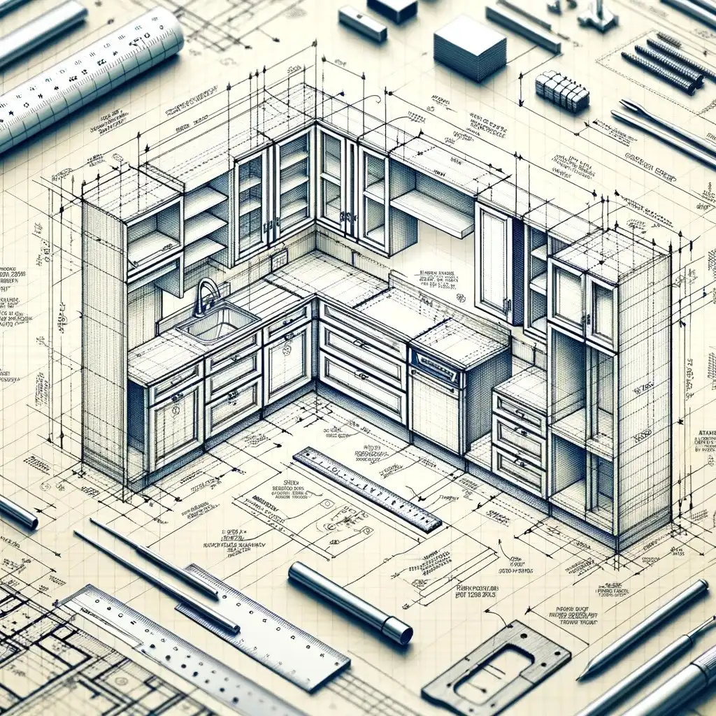 A detailed technical drawing of a kitchen layout featuring cabinets, countertops, and appliances. Various drafting tools such as rulers, pencils, and protractors are arranged around the blueprint, indicating a design and planning phase for a kitchen renovation in Lakeland.