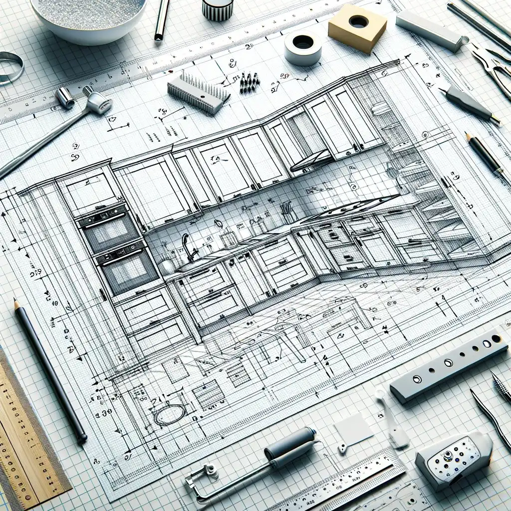 A detailed architectural blueprint of a kitchen layout is surrounded by various drafting tools, including rulers, pencils, screws, bolts, and measuring tape, all placed on a gridded surface. The kitchen design features cabinets, appliances, and countertops—perfect for those seeking Kitchen Remodeling Services in Lakeland.