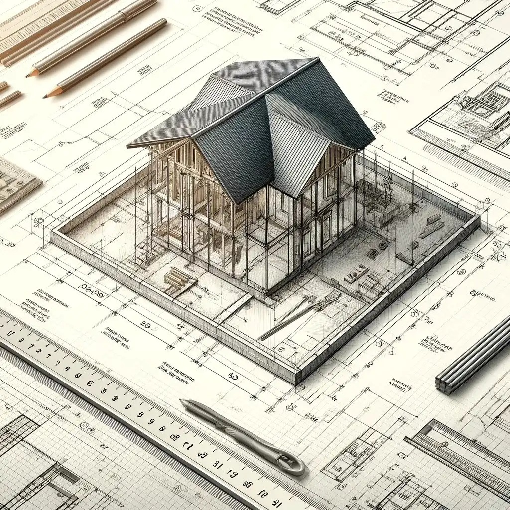 A 3D architectural model of a house sits on top of detailed blueprints and architectural plans. Surrounding the model are various drafting tools, including pencils, a ruler, a sliding T-bevel, a protractor, and a pen. The house model highlights structural elements and hints at potential kitchen renovation in Lakeland.