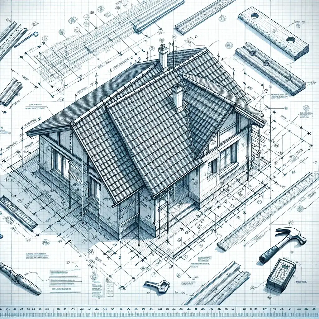 A detailed architectural blueprint features a two-story house with a gabled roof. Surrounding the house are various tools and measuring instruments, such as rulers, a hammer, and a spirit level, indicating construction planning and design. Additionally, there’s an emphasis on offering free kitchen remodeling estimates for kitchen renovations in Lakeland.