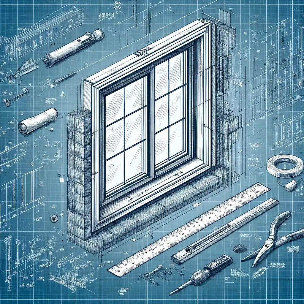 Blueprint-style illustration of a window assembly for a kitchen remodel in Lakeland. The drawing shows various components and tools, including screws, a screwdriver, a ruler, pliers, and tape. Detailed measurements and part specifications are presented on a blue grid background.