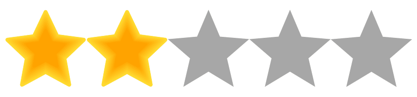 Image showing a row of five stars, with the first two stars colored yellow, and the remaining three stars gray, indicating a rating of 2 out of 5.