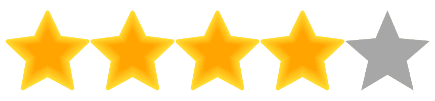 An image of five stars in a row, where four stars are filled with a yellow color, and the fifth star on the far right is grey and not filled, representing a four out of five star rating.