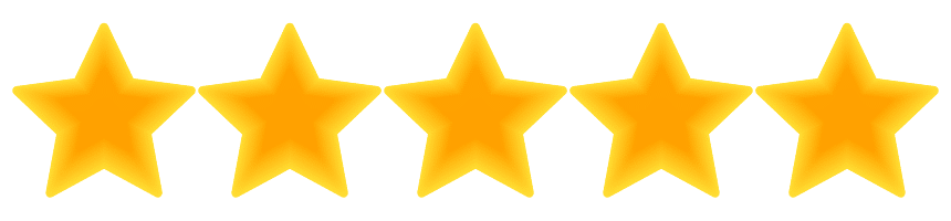 A row of five yellow stars placed side by side against a white background, symbolizing a five-star rating.