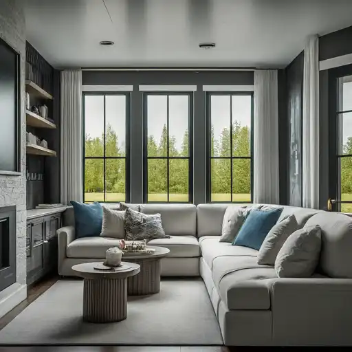 A modern living room with large windows overlooking a green landscape. The room features a white sectional sofa adorned with blue and gray pillows, a round wooden coffee table, a built-in shelving unit, and a cozy fireplace. Light pours in, creating a bright atmosphere—perfect for any new mother in law suite created by home addition services in Lakeland.