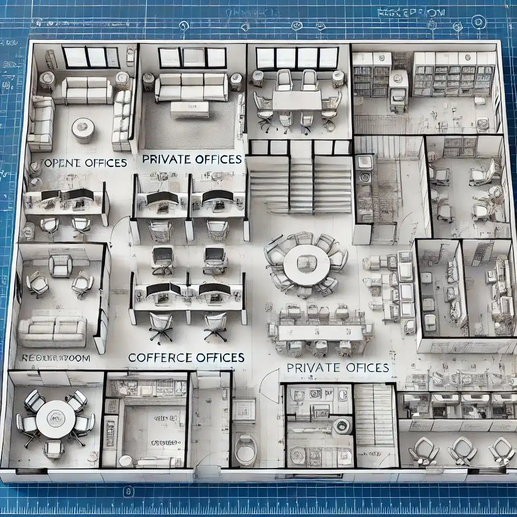 A detailed floor plan of an office space is shown. It includes labeled areas: reception room, open offices, private offices, conference room, and a library. The layout features desks, chairs, customized cabinets, tables, and seating areas, all depicted on a blueprint background.