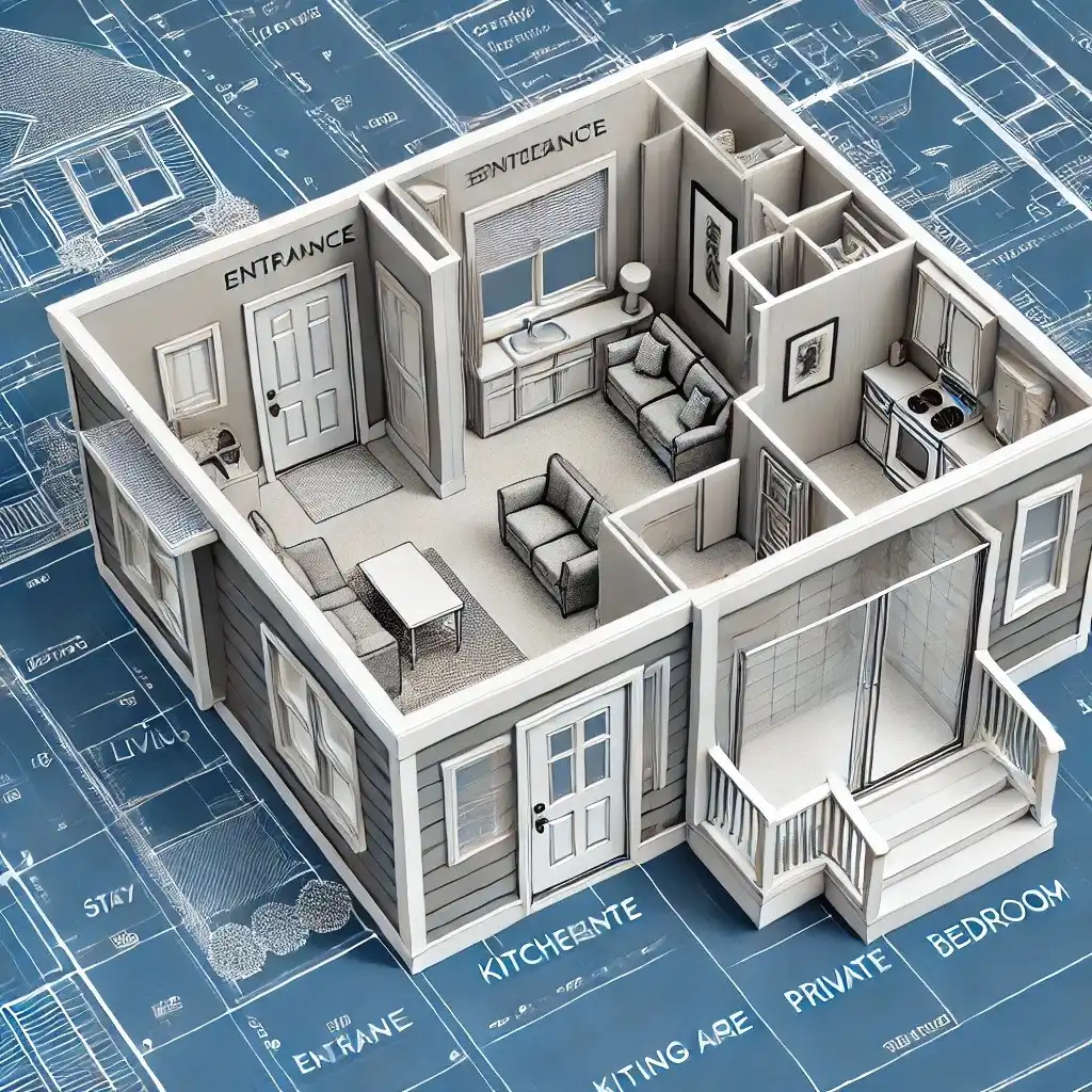 A detailed 3D floor plan model of a house sits on a blue architectural blueprint. The 3D model displays labeled areas such as Entrances, Kitchenette, Private Bedroom, and Living Area, with miniature furniture accurately placed in their respective rooms, perfect for planning a kitchen renovation.