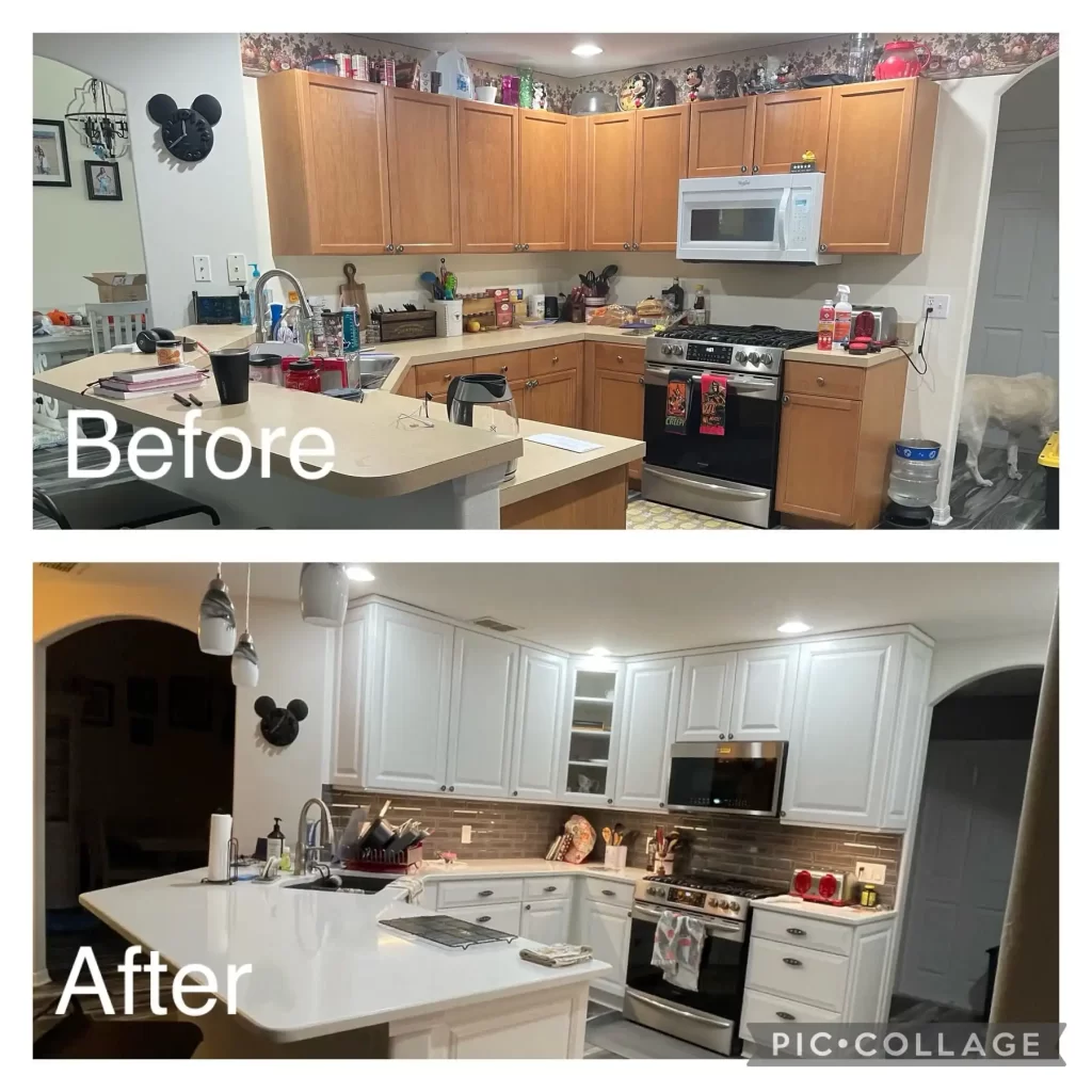 Two side-by-side photos of a kitchen in Lakeland. The top "Before" photo shows a kitchen with wooden cabinets, cluttered countertops, and various kitchen items. The bottom "After" photo shows the same kitchen with white cabinets, clean countertops, modern appliances, and neat decor.