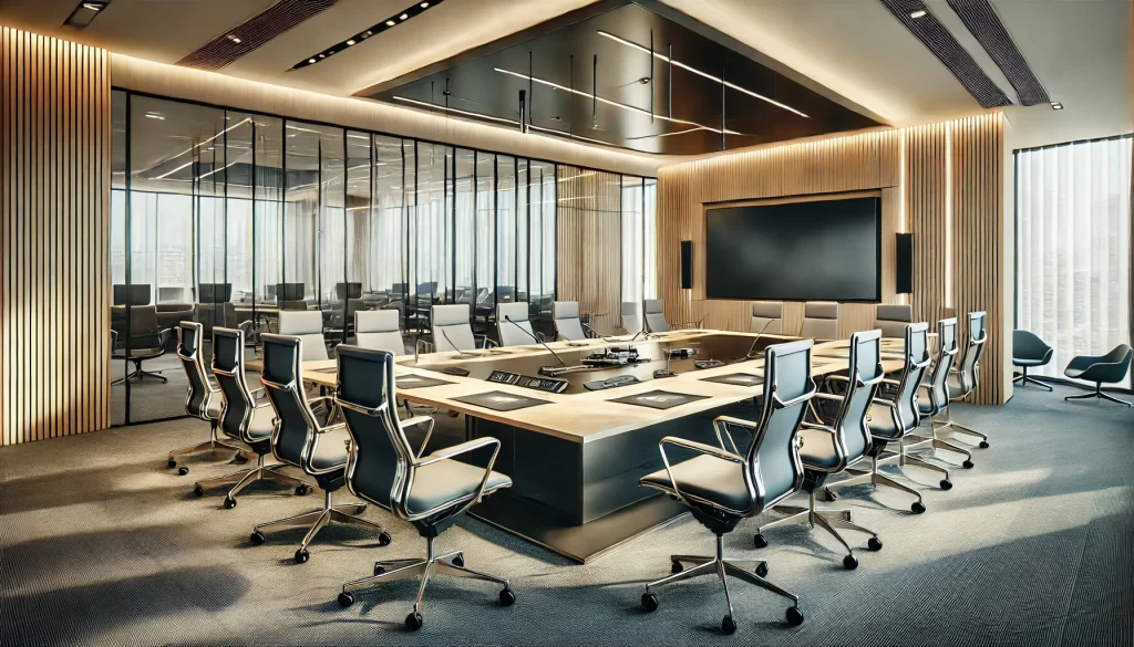 A modern conference room in Lakeland with a large rectangular table surrounded by ergonomic chairs. The room features floor-to-ceiling windows, wood-paneled walls, and a large digital screen on one end. Overhead lighting is sleek and minimalistic, enhancing the clean design.