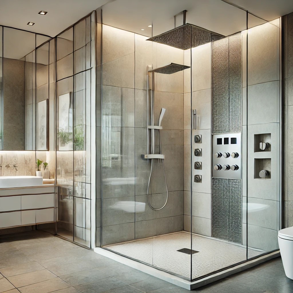 A modern, sleek bathroom in Lakeland featuring a glass-enclosed shower with a rainfall showerhead and multiple body jets. The shower area is tiled in light gray, and the adjacent vanity boasts a large mirror, white countertop, and built-in sink with drawers.