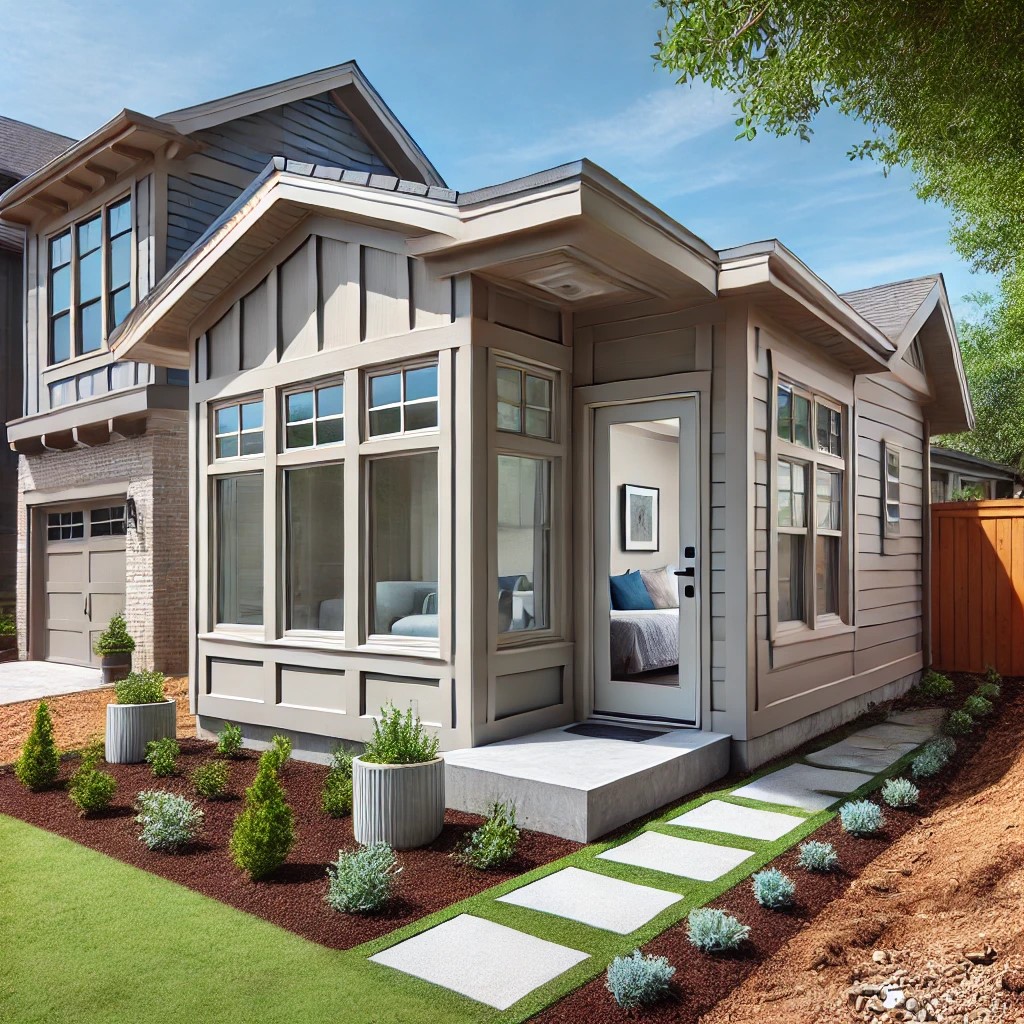 A small, modern gray guest house in Lakeland with large windows and a neatly landscaped yard featuring shrubs and a stepping stone path. The entrance has a glass door, and the main house is visible in the background, showcasing a cohesive architectural style.