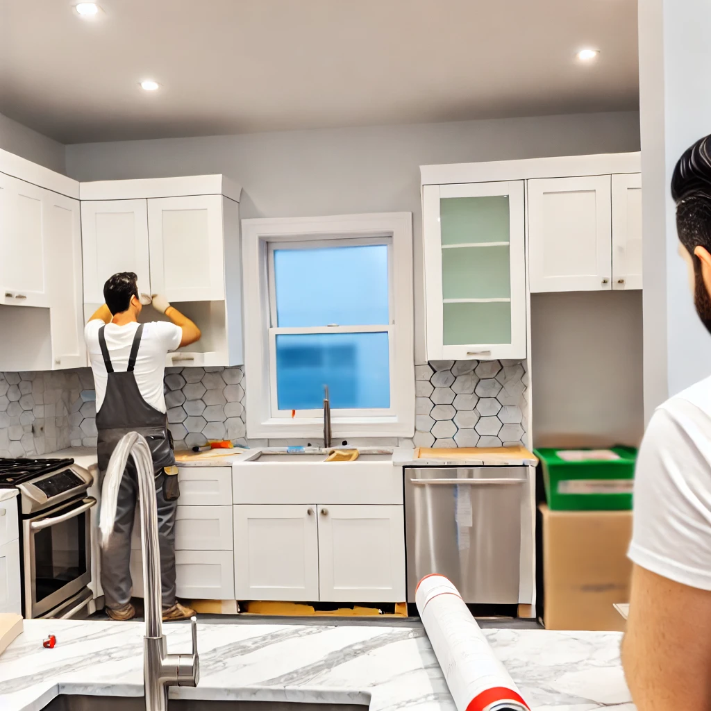 A man wearing overalls is working on the cabinets in a modern kitchen remodel with white cupboards and hexagonal tile backsplash. Another person with dark hair, partially visible, is observing, perhaps critiquing the auto draft from rolled-up plans beside a green box on the counter.