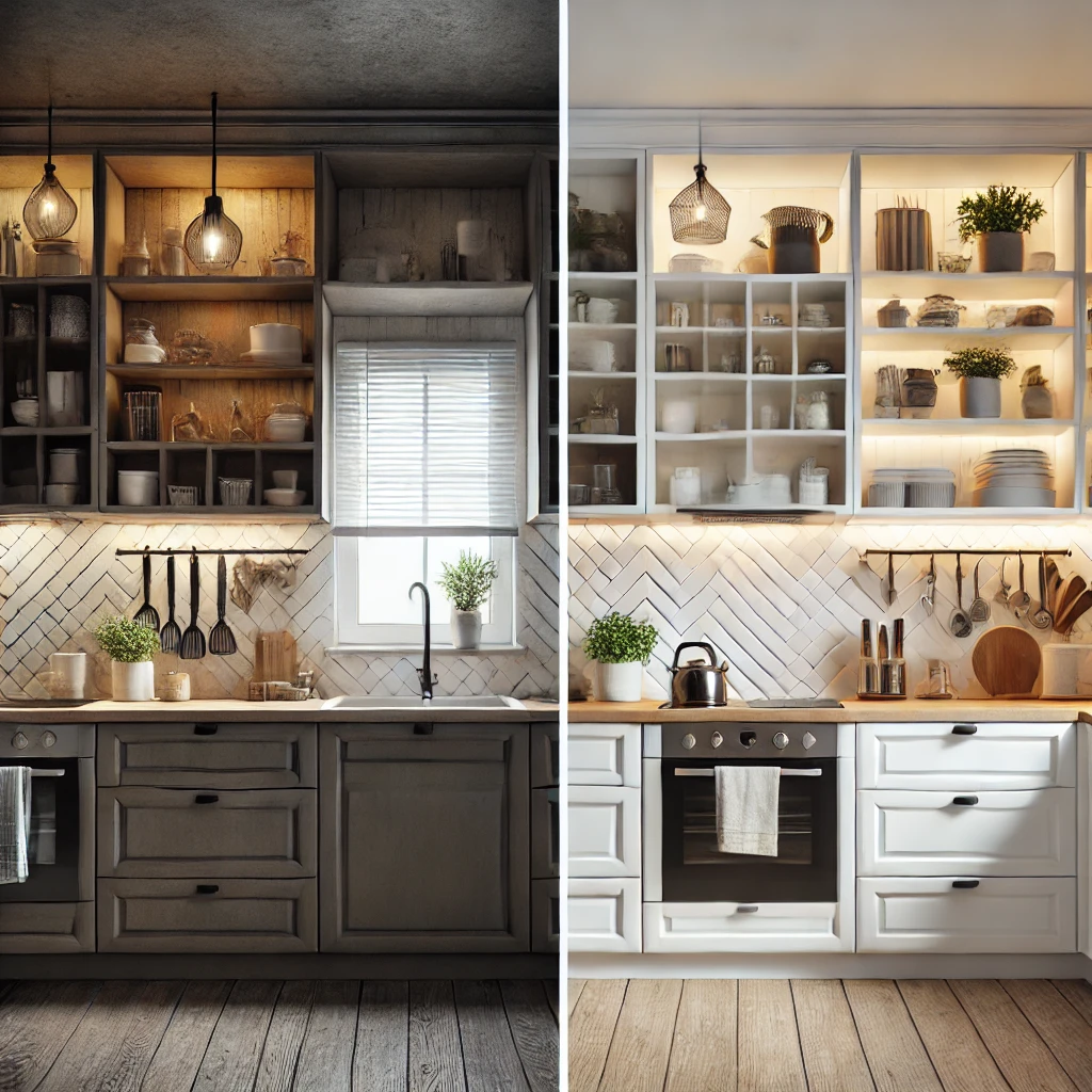 Side-by-side comparison of two kitchens by Evangelisto Construction: the left side has a rustic, old-fashioned design with dark cabinets and dim lighting; the right side features a modern, bright look with white cabinets and warm lighting. Both have similar layouts and decor elements—perfect for inspiration in your small kitchen remodel.