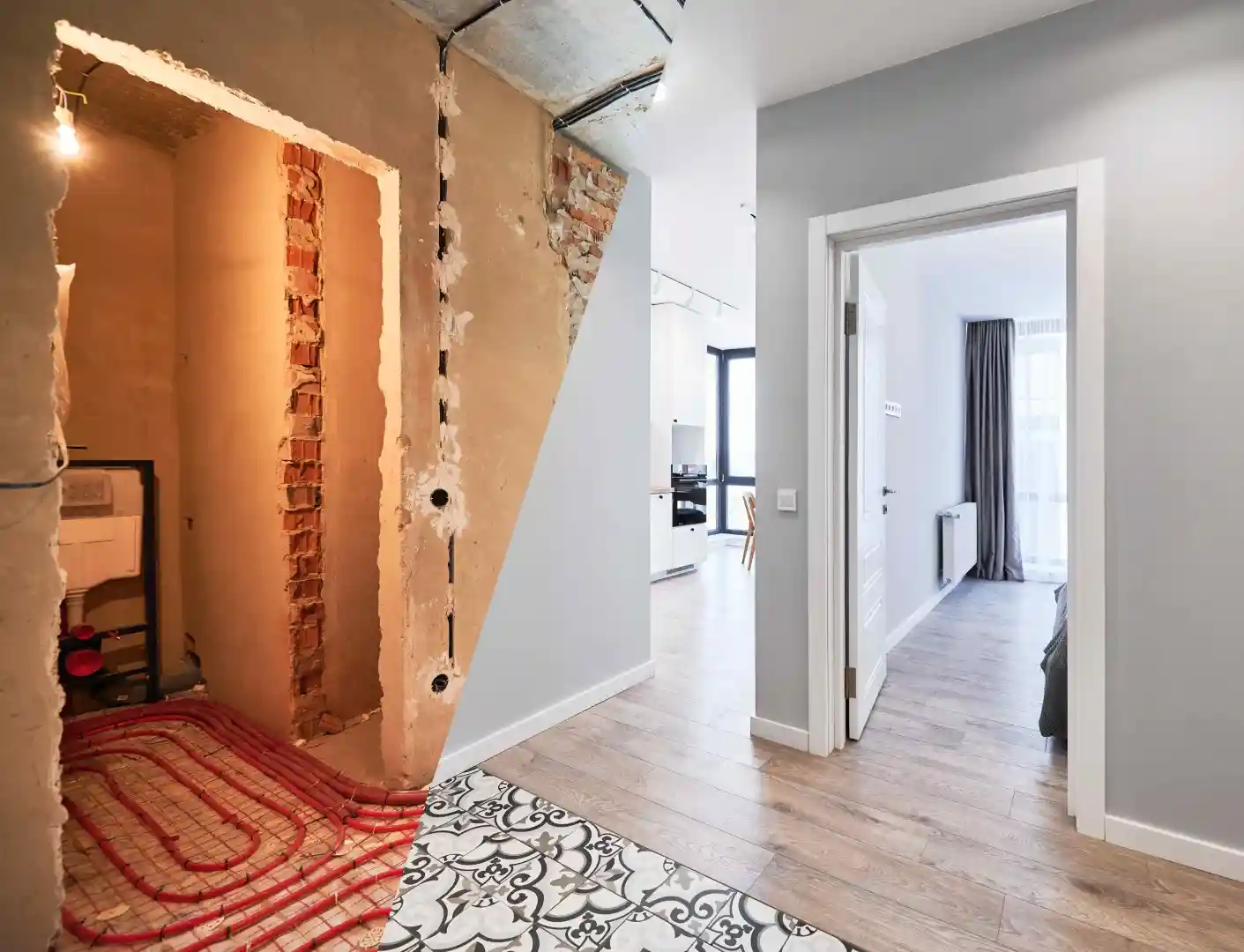 A split image showcases a bathroom renovation in Lakeland Florida: on the left, an unfinished space with exposed pipes and walls, while on the right, a completed modern bathroom seamlessly blends old with new, featuring a neutral color scheme, wooden floor, and white door.